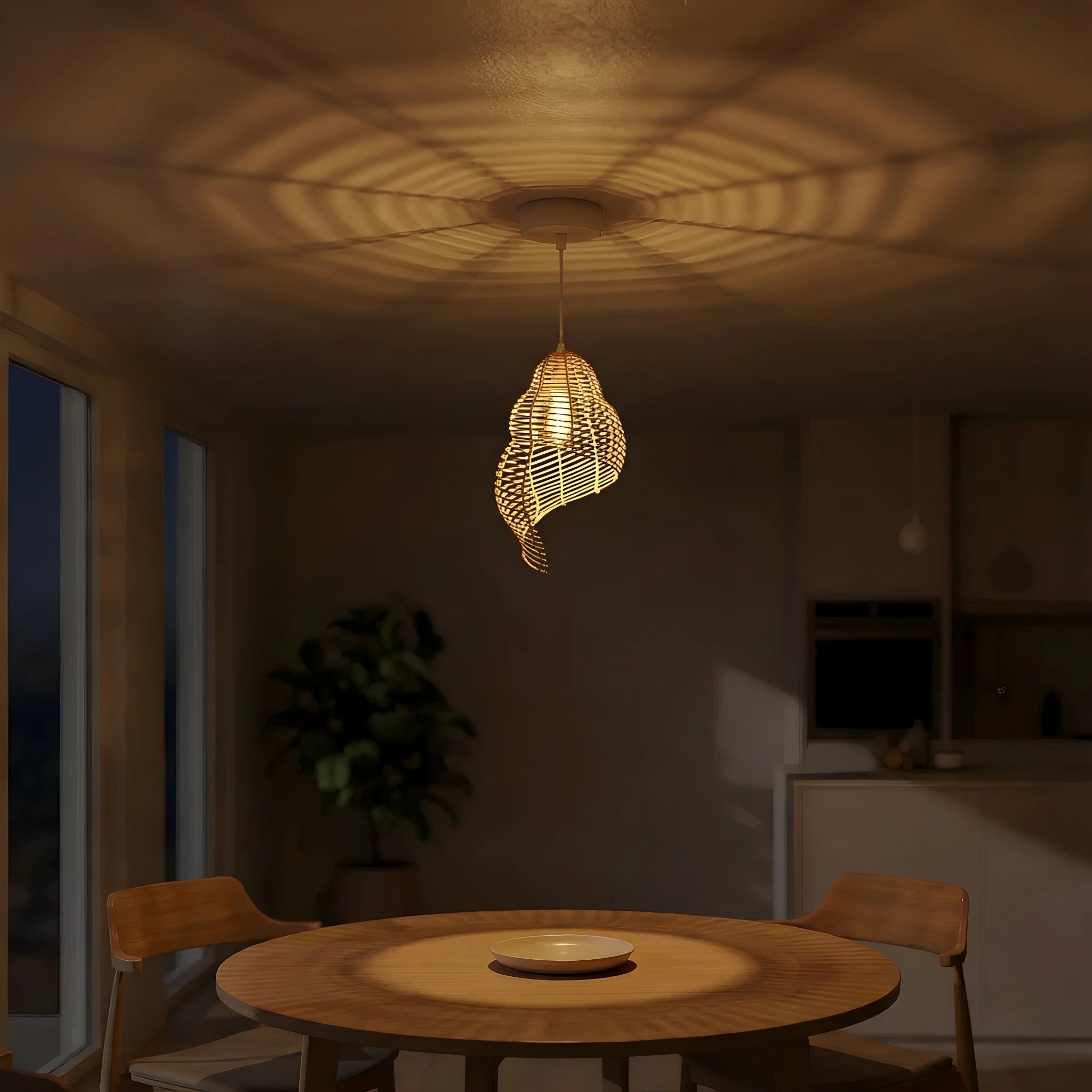Rotan-hanglamp-Lume-eetkamer-donker