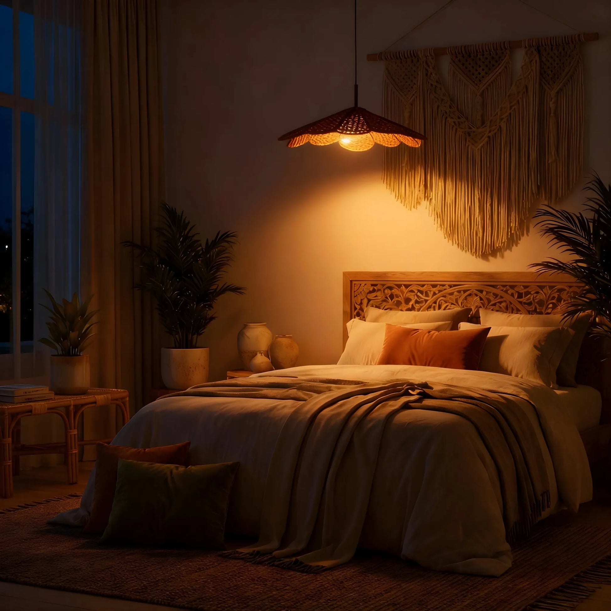 Houten-hanglamp-Florae-slaapkamer-donker